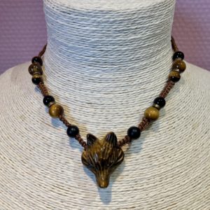 Collier tissage, tête de renard, œil de tigre