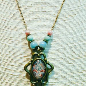 Collier kunzite, amazonite, rhodochrosite agate bleu