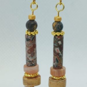 Boucles d’oreilles jaspe léopard, pierre de soleil, rondelle de coco